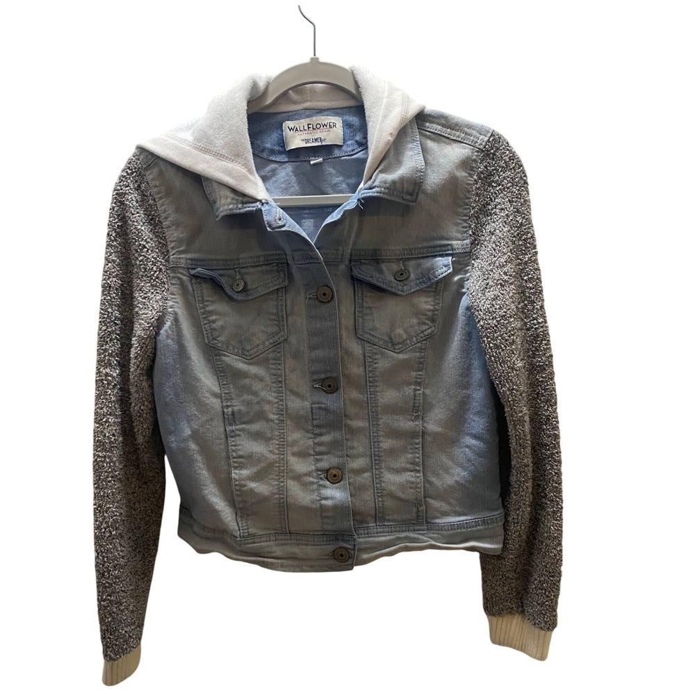 Wall Flower Women's Denim Jacket with Hood and Knit Sleeves Size Medium